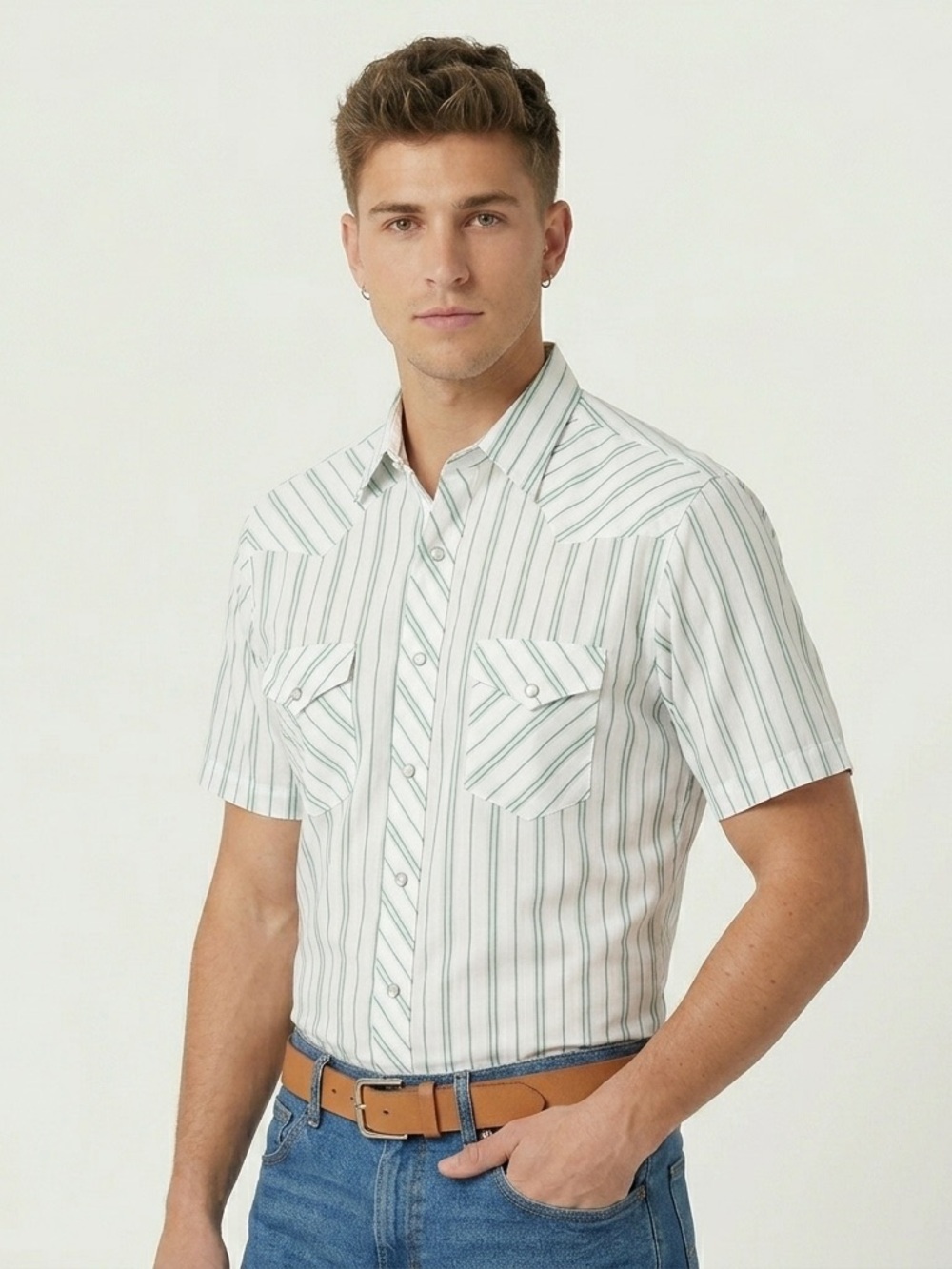 Vintage Wrangler Western Shirt Pearl Snap Short Sleeve Striped White Blue L